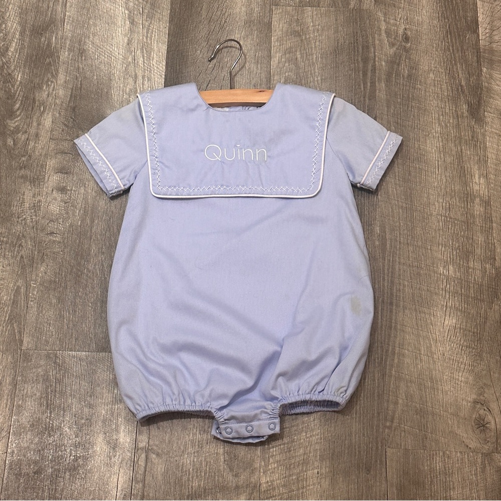 Smocked “Quinn” monogram baby boy bubble romper 24m